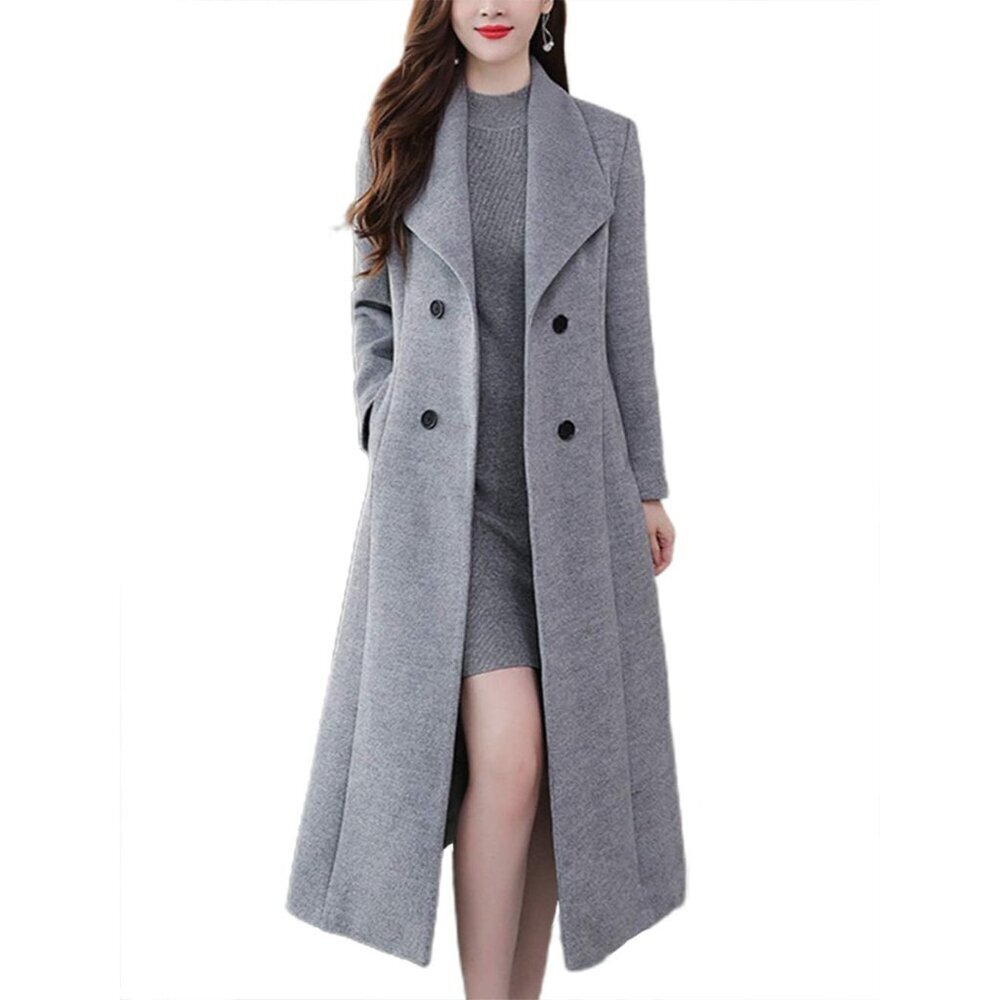 Women's Wool Maxi Pea Coat Chic Double Breasted Windproof Long Jacket